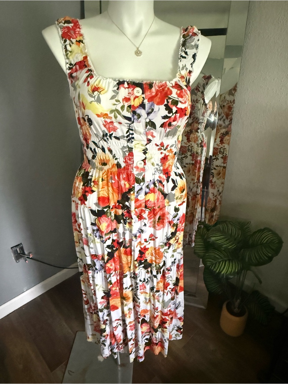 Lapis White Midi Dress with Red, Orange & Yellow Floral Print